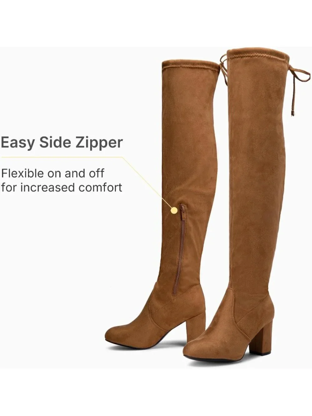 Women's Camel Chunky Heel Round Toe Side Zipper Over The Knee Thigh High Boots